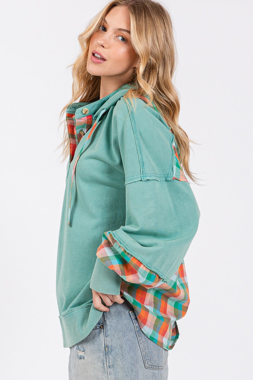 SAGE + FIG Full Size Plaid Print Washed Hoodie - Charming Charlie