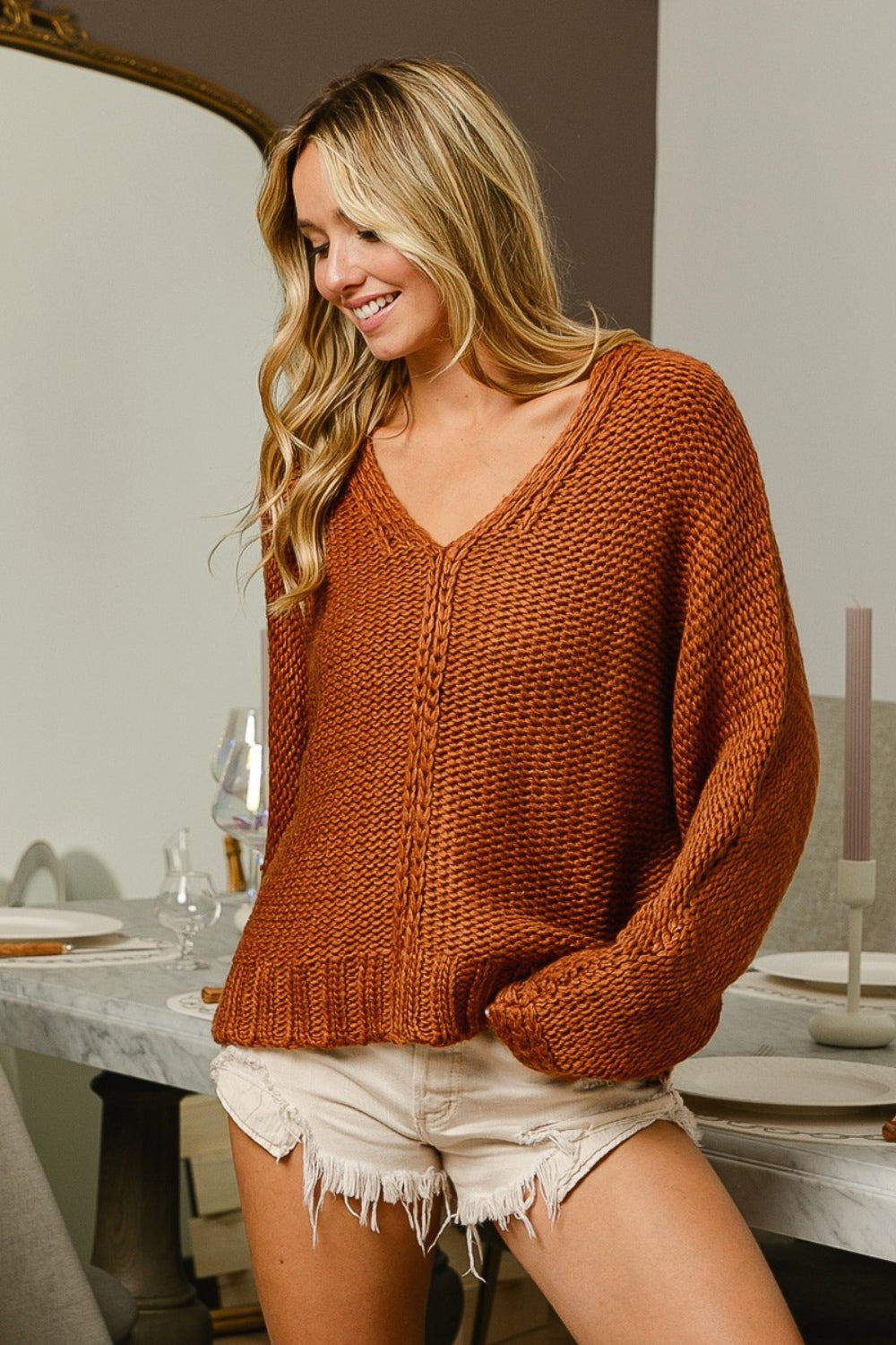 BiBi V-Neck Cable Knit Sweater - Charming Charlie