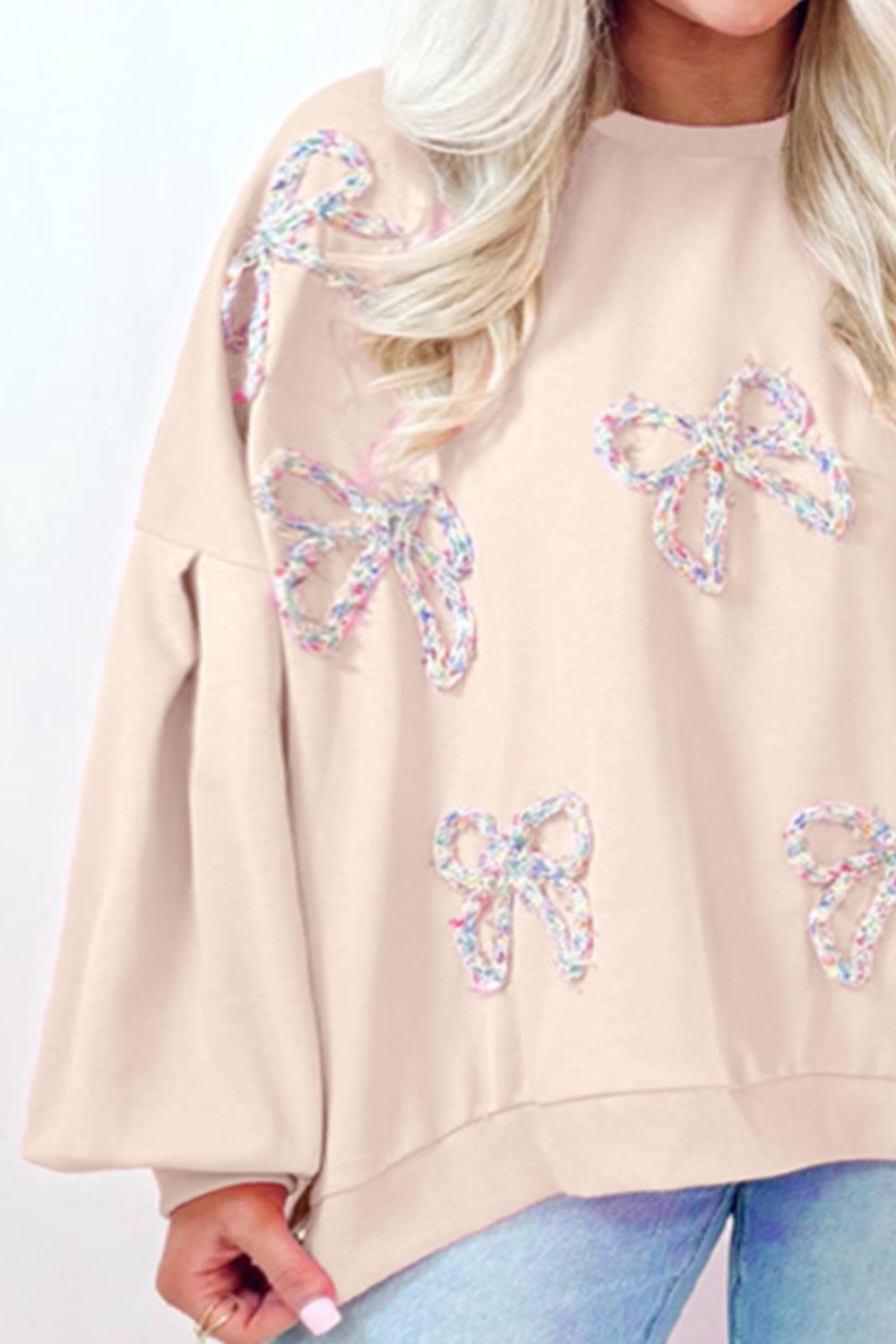 Bow Round Neck Long Sleeve Sweatshirt - Charming Charlie