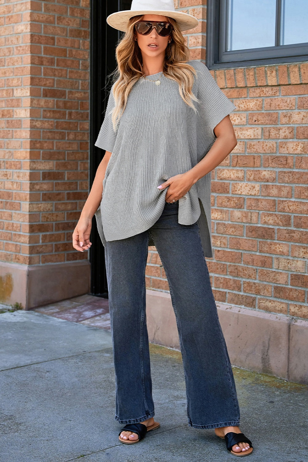 Slit Round Neck Short Sleeve Knit Top - Charming Charlie