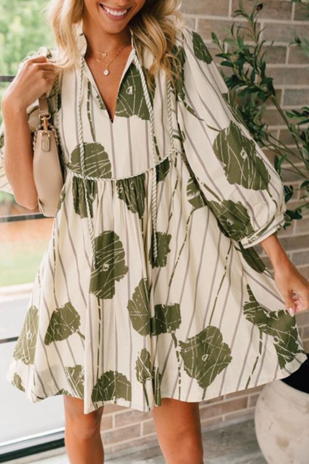 Printed Tie Neck Three-Quarter Sleeve Mini Dress - Charming Charlie