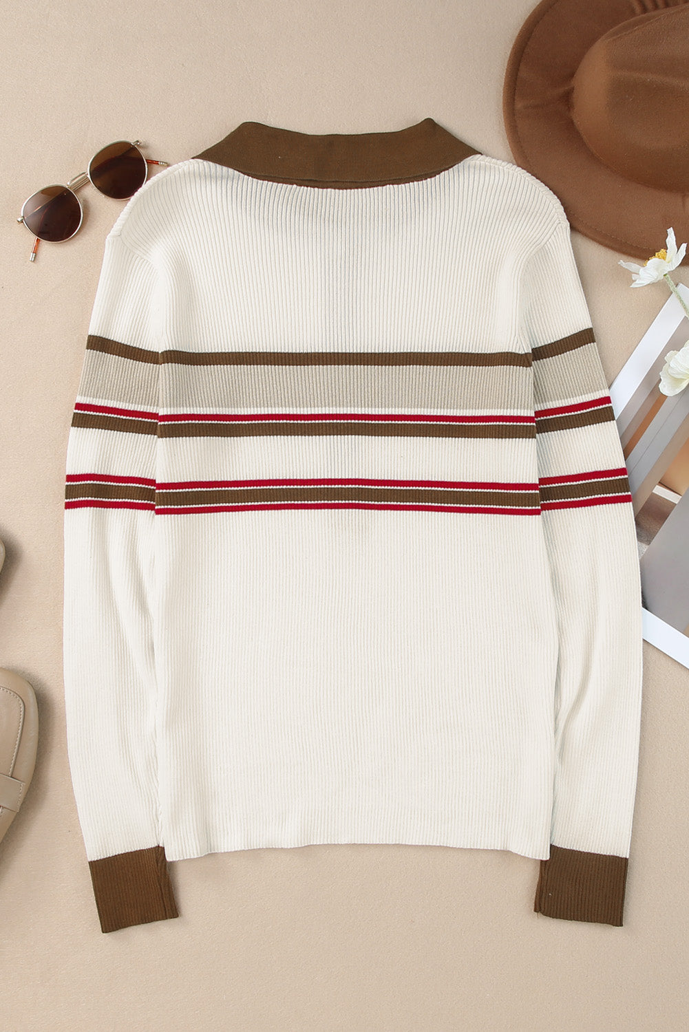 Half Button Contrast Stripe Long Sleeve Knit Top - Charming Charlie