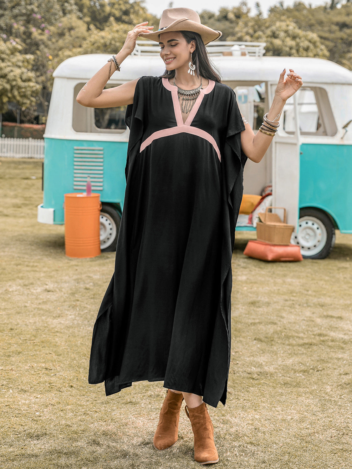 Contrast Trim Notched Slit Short Sleeve Midi Dress - Charming Charlie