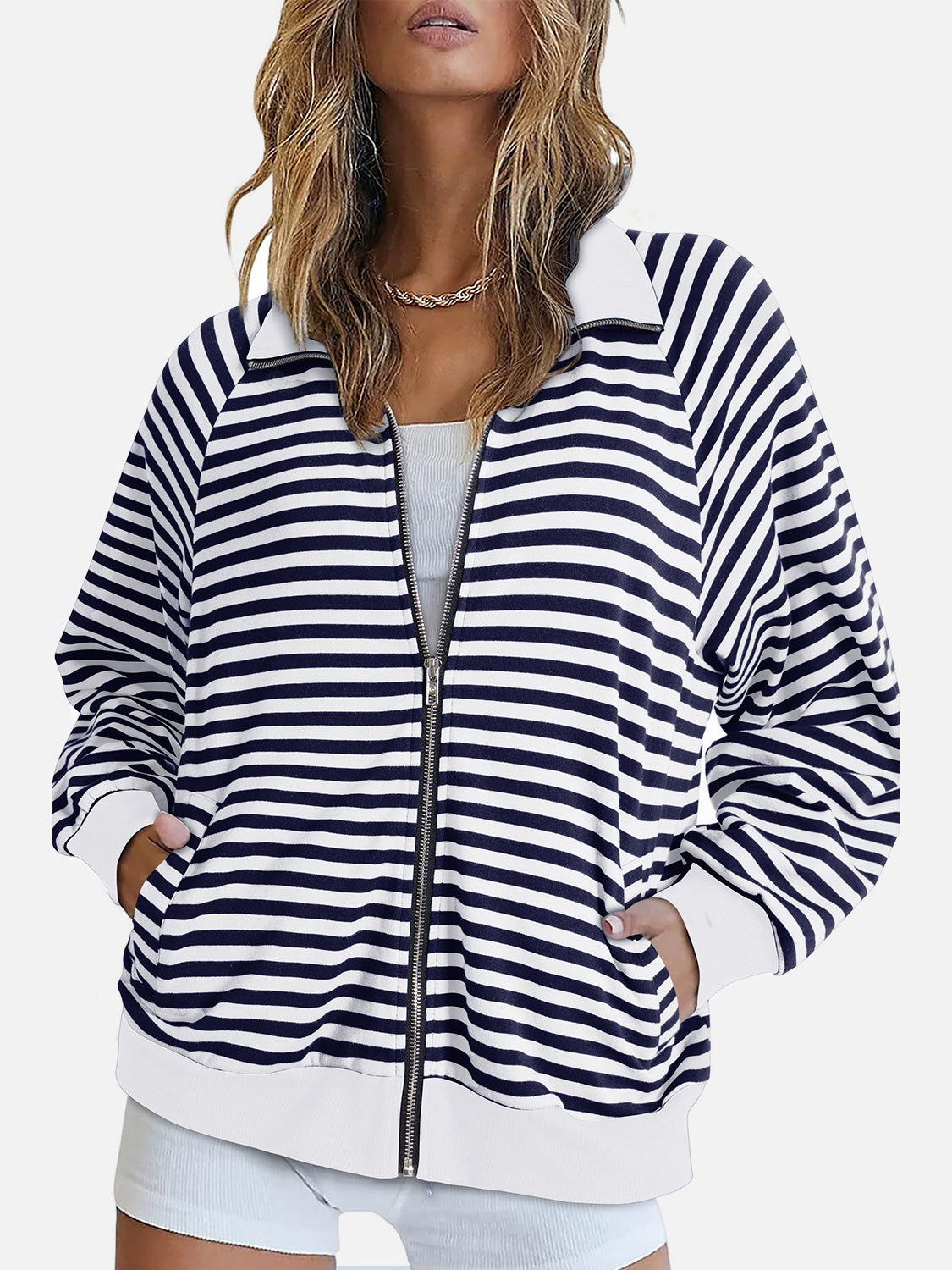 Striped Zip Up Long Sleeve Sweatshirt - Charming Charlie