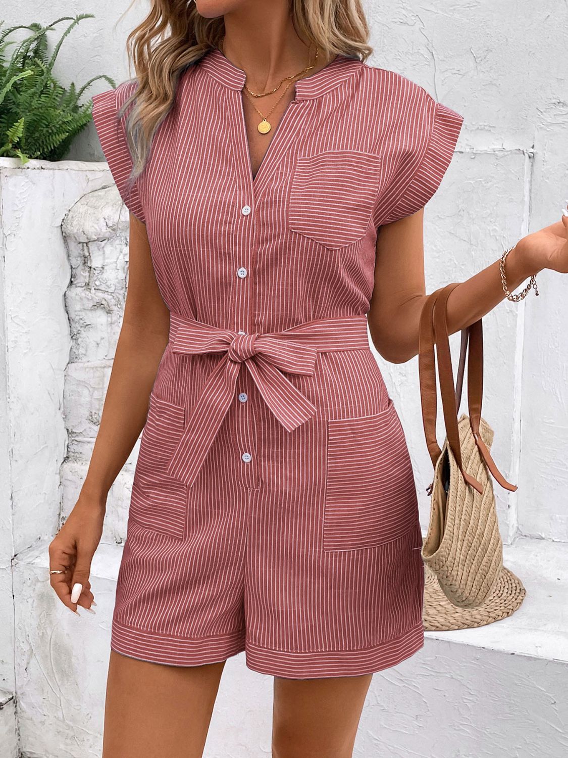Striped Notched Tie Waist Romper - Charming Charlie