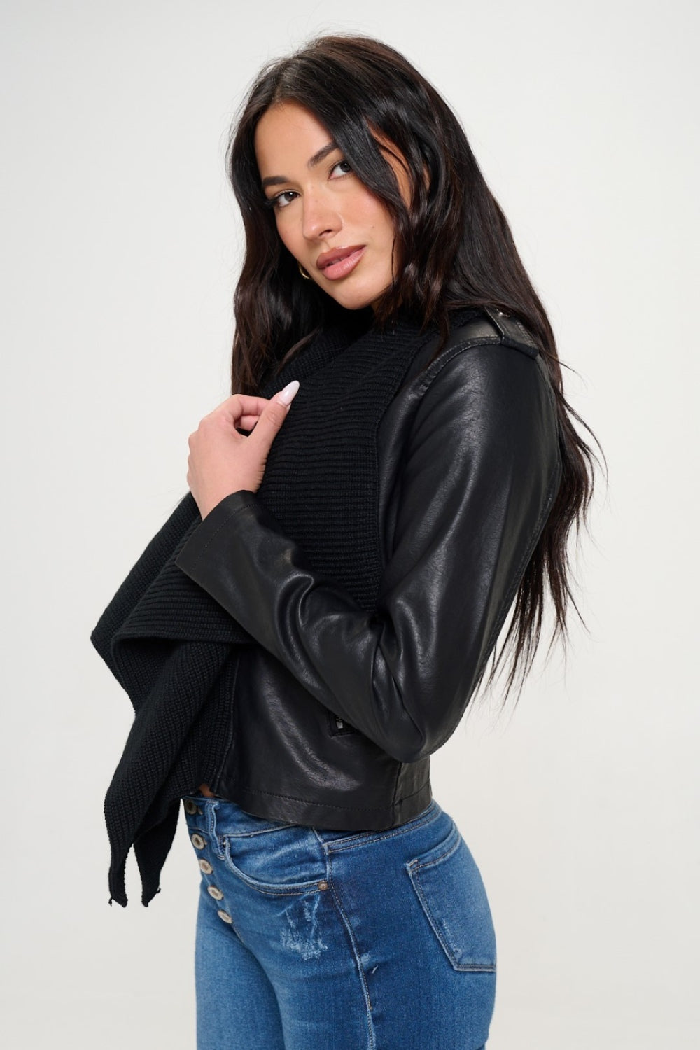 Coalition LA Knit Collared Faux Leather Crop Jacket - Charming Charlie
