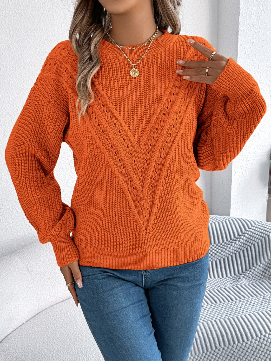 Openwork Round Neck Long Sleeve Sweater - Charming Charlie