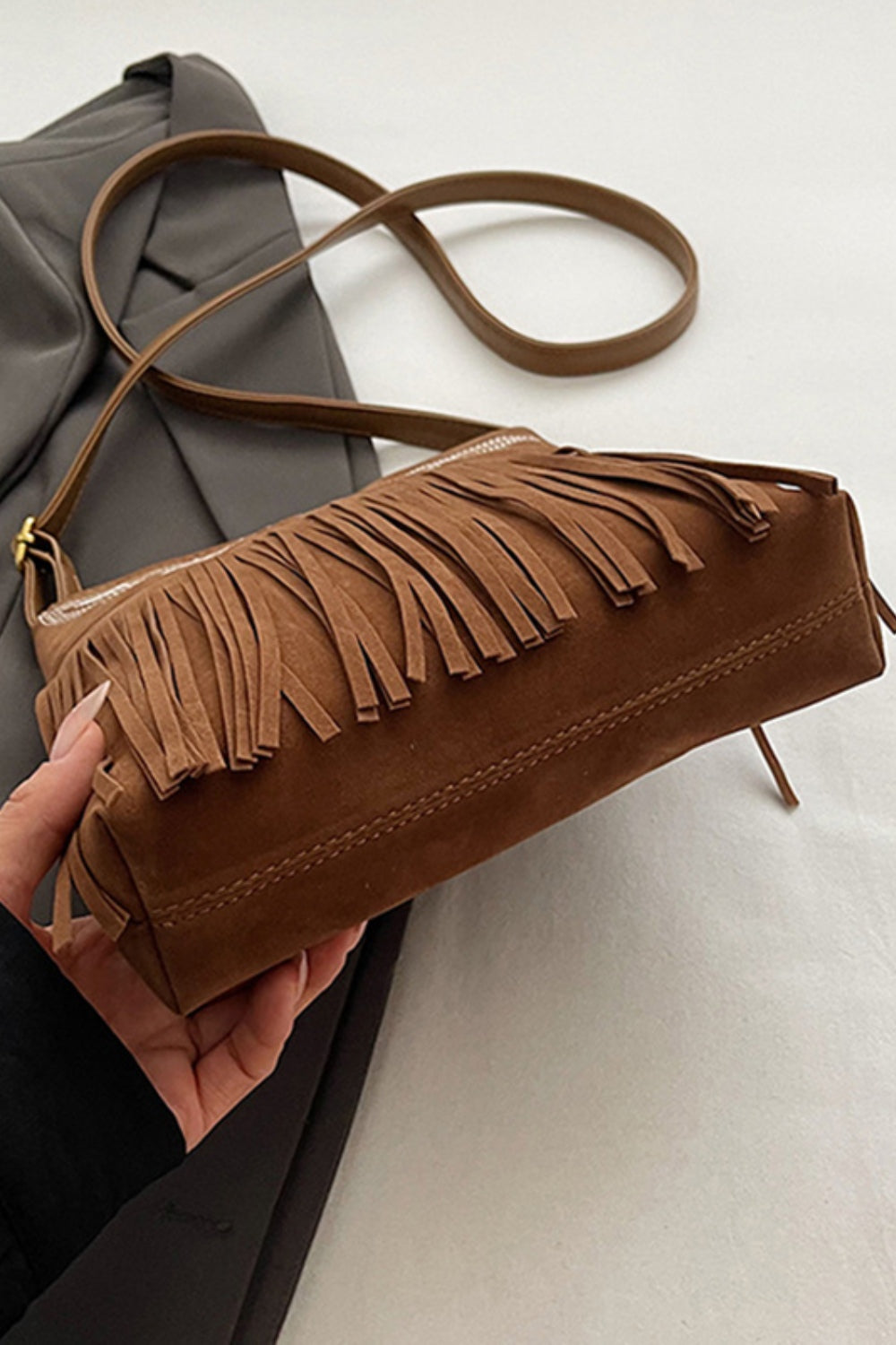 Suede Fringe Adjustable Strap Shoulder Bag - Charming Charlie