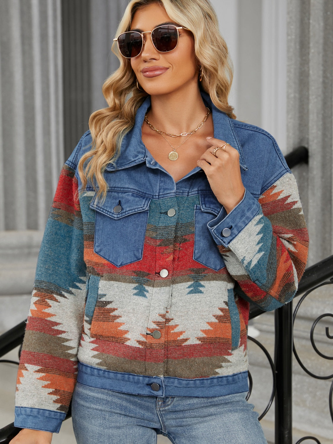 Geometric Button Up Long Sleeve Denim Jacket - Charming Charlie
