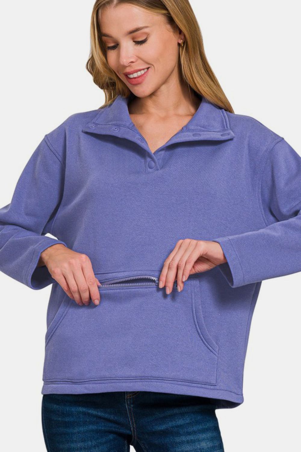 Zenana Turtleneck Half Snap Fleece Sweatshirt - Charming Charlie