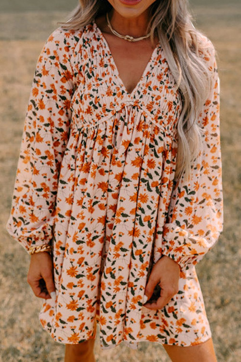 Smocked Printed V-Neck Long Sleeve Dress - Charming Charlie