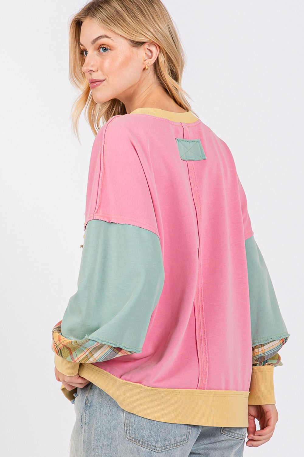 SAGE + FIG Mineral Wash Raw Edge Color Block Sweatshirt - Charming Charlie