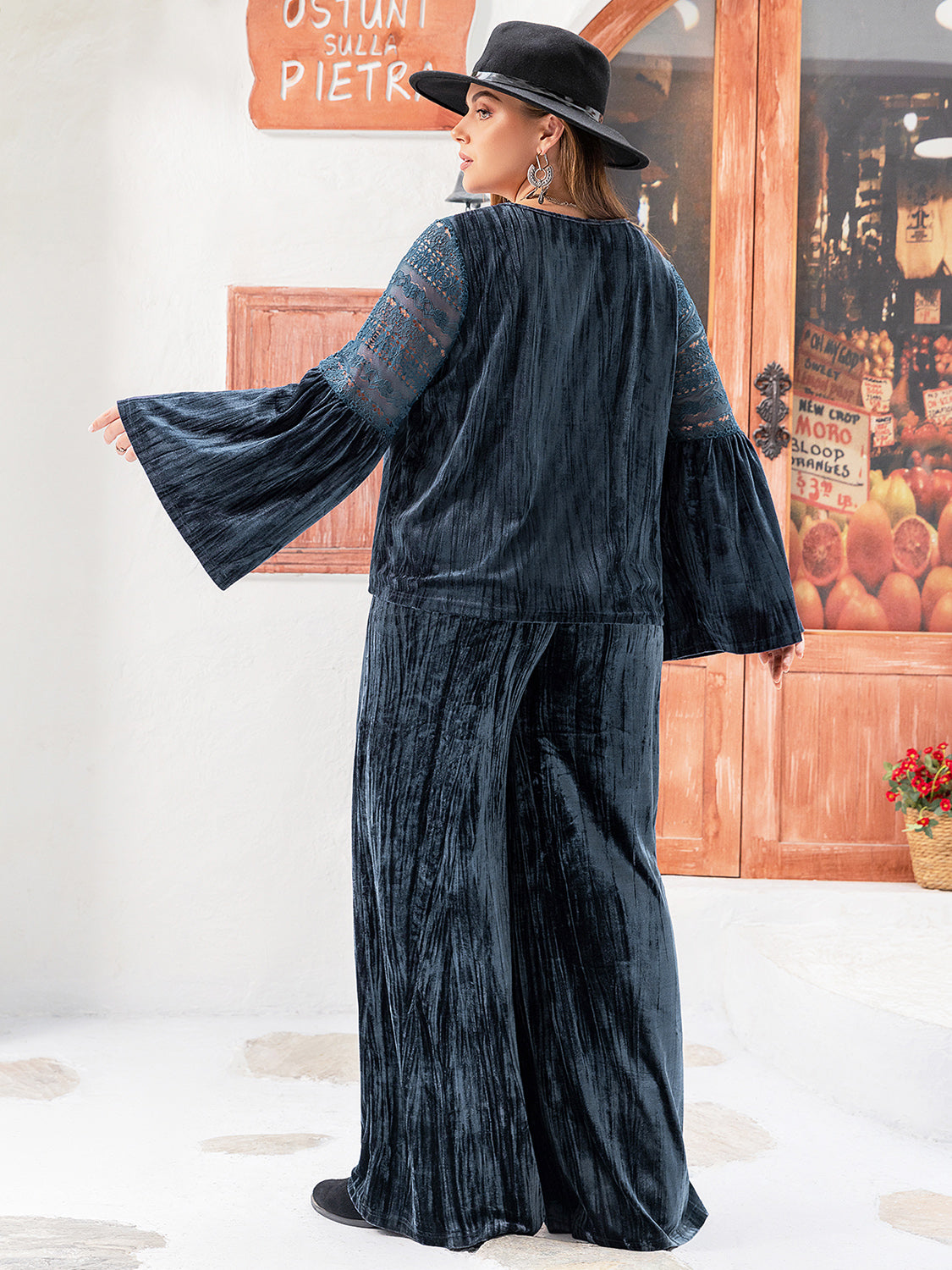 Plus Size Round Neck Flare Sleeve Top and Pants Set - Charming Charlie