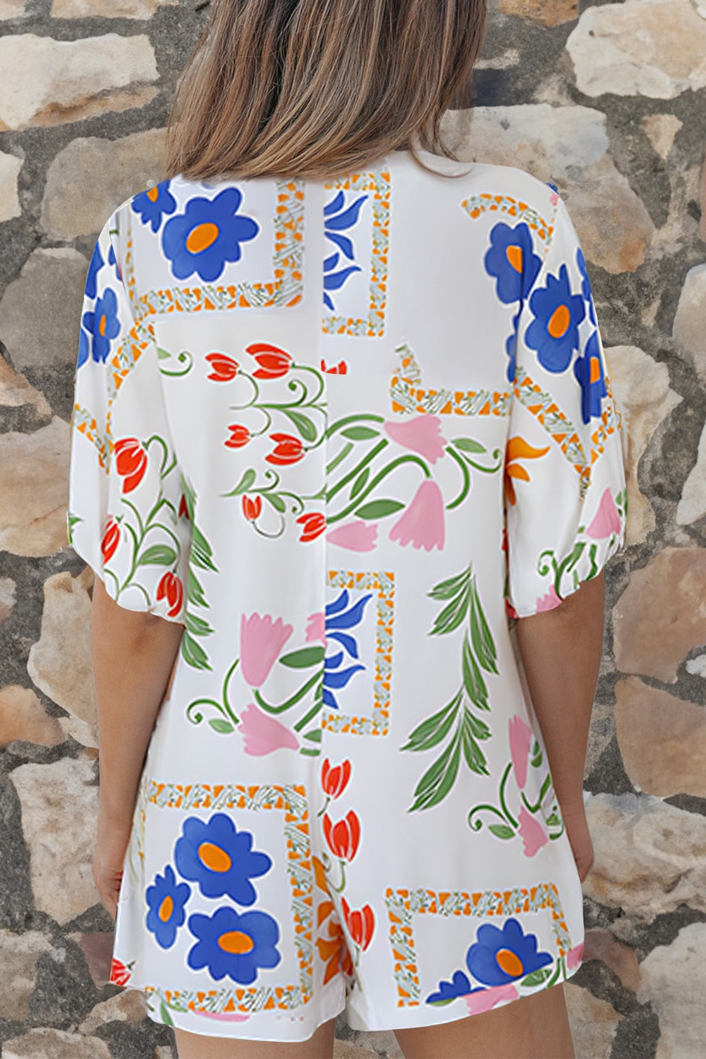 Pocketed Printed Half Sleeve Romper - Charming Charlie