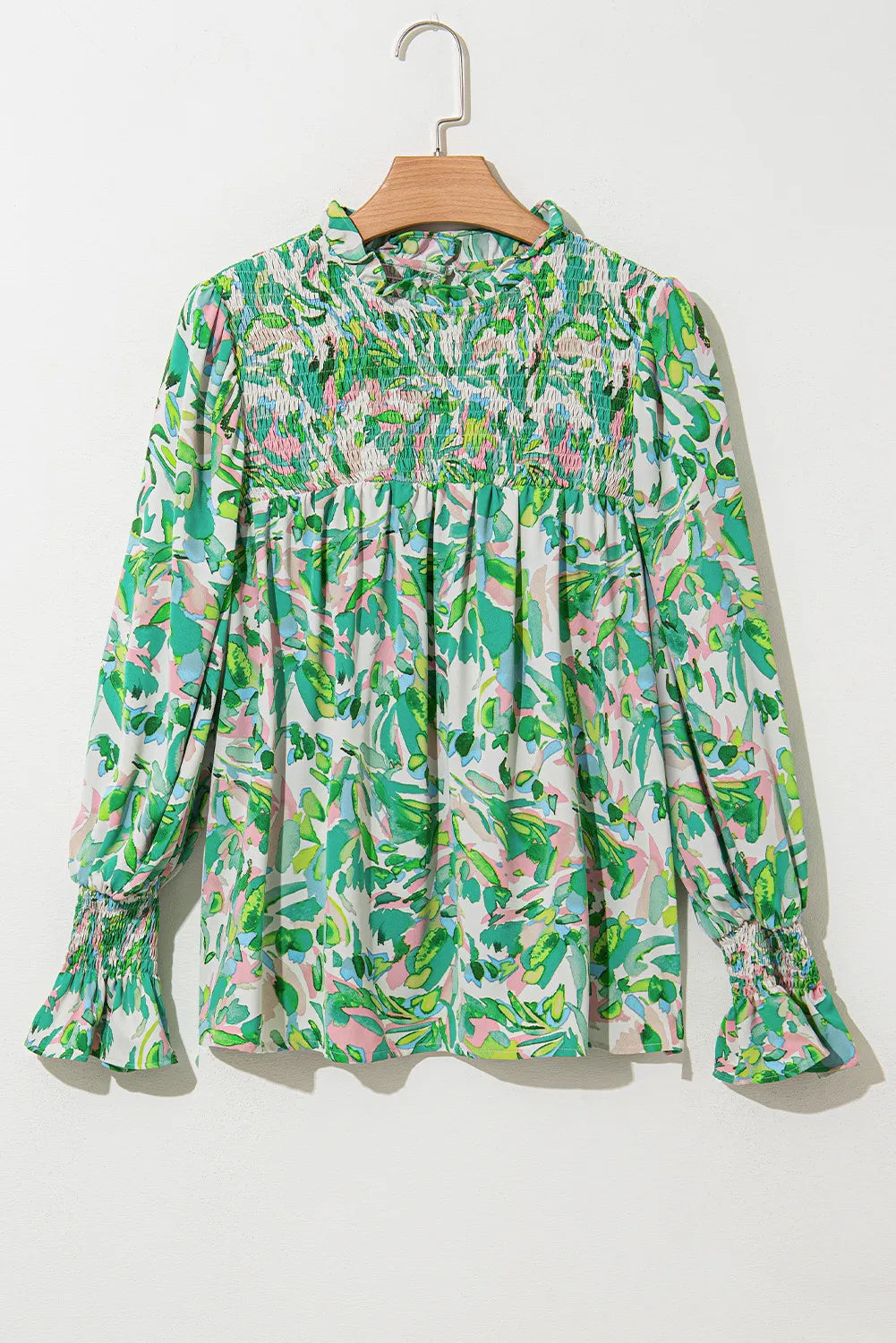 Frill Printed Mock Neck Flounce Sleeve Blouse - Charming Charlie