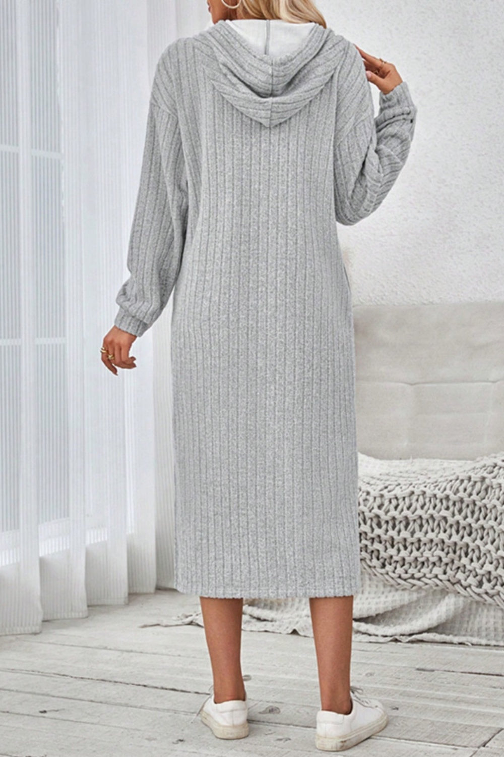 Side Slit Drawstring Long Sleeve Hooded Dress - Charming Charlie