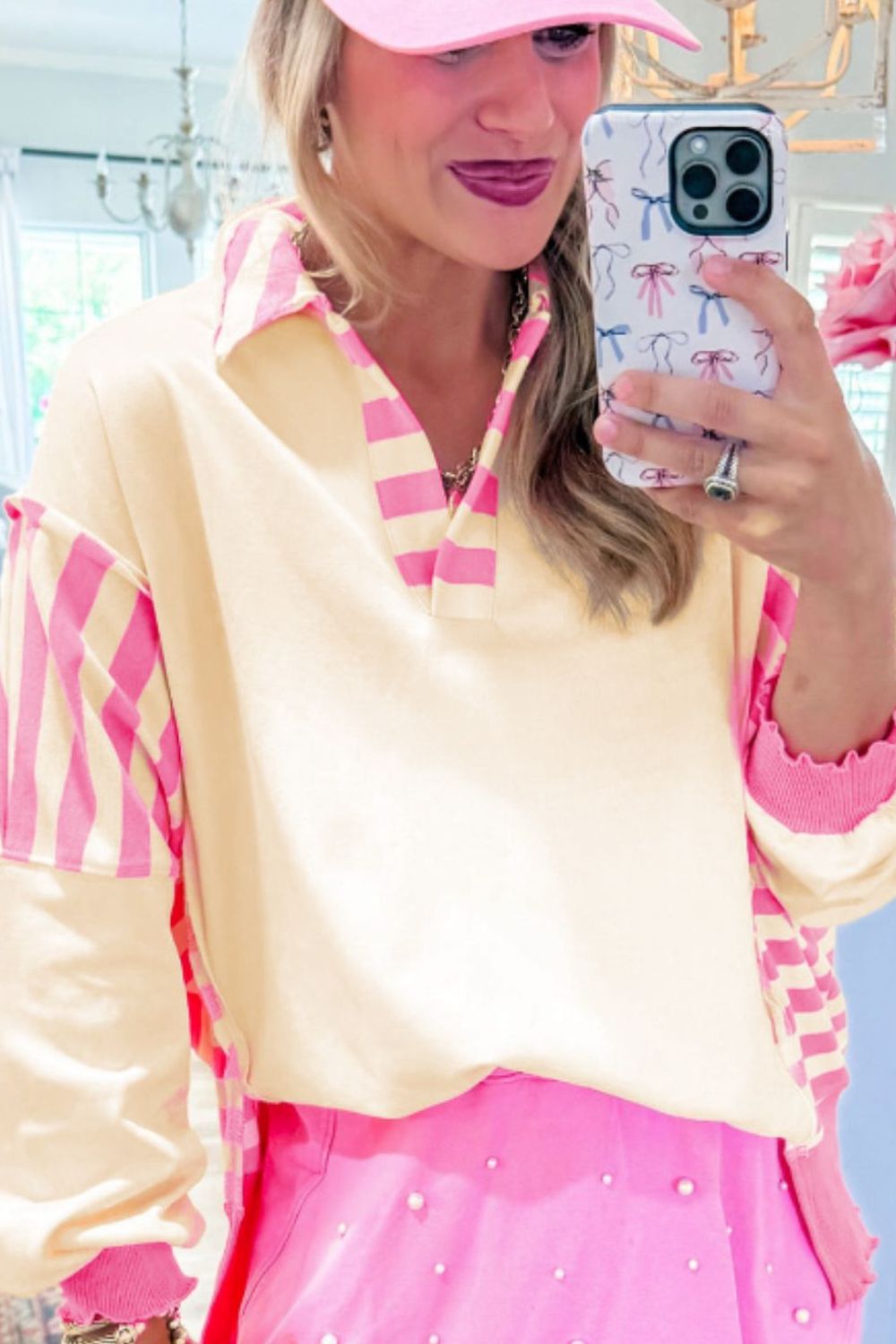 Striped Johnny Collar Long Sleeve Sweatshirt - Charming Charlie