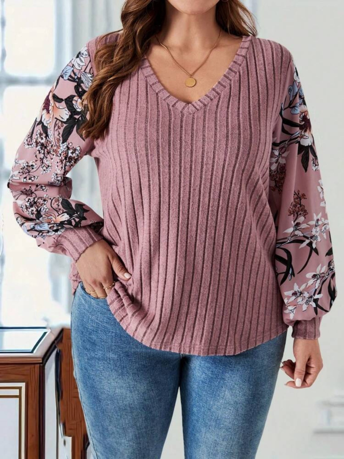 Plus Size Printed V-Neck Long Sleeve T-Shirt - Charming Charlie
