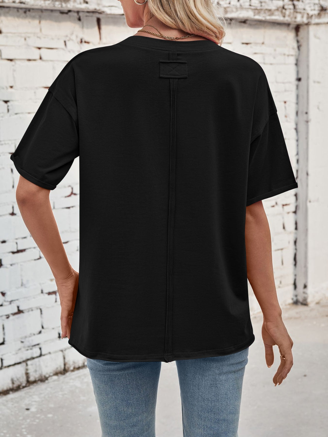 Lovelet Exposed Seam Round Neck Half Sleeve T-Shirt - Charming Charlie