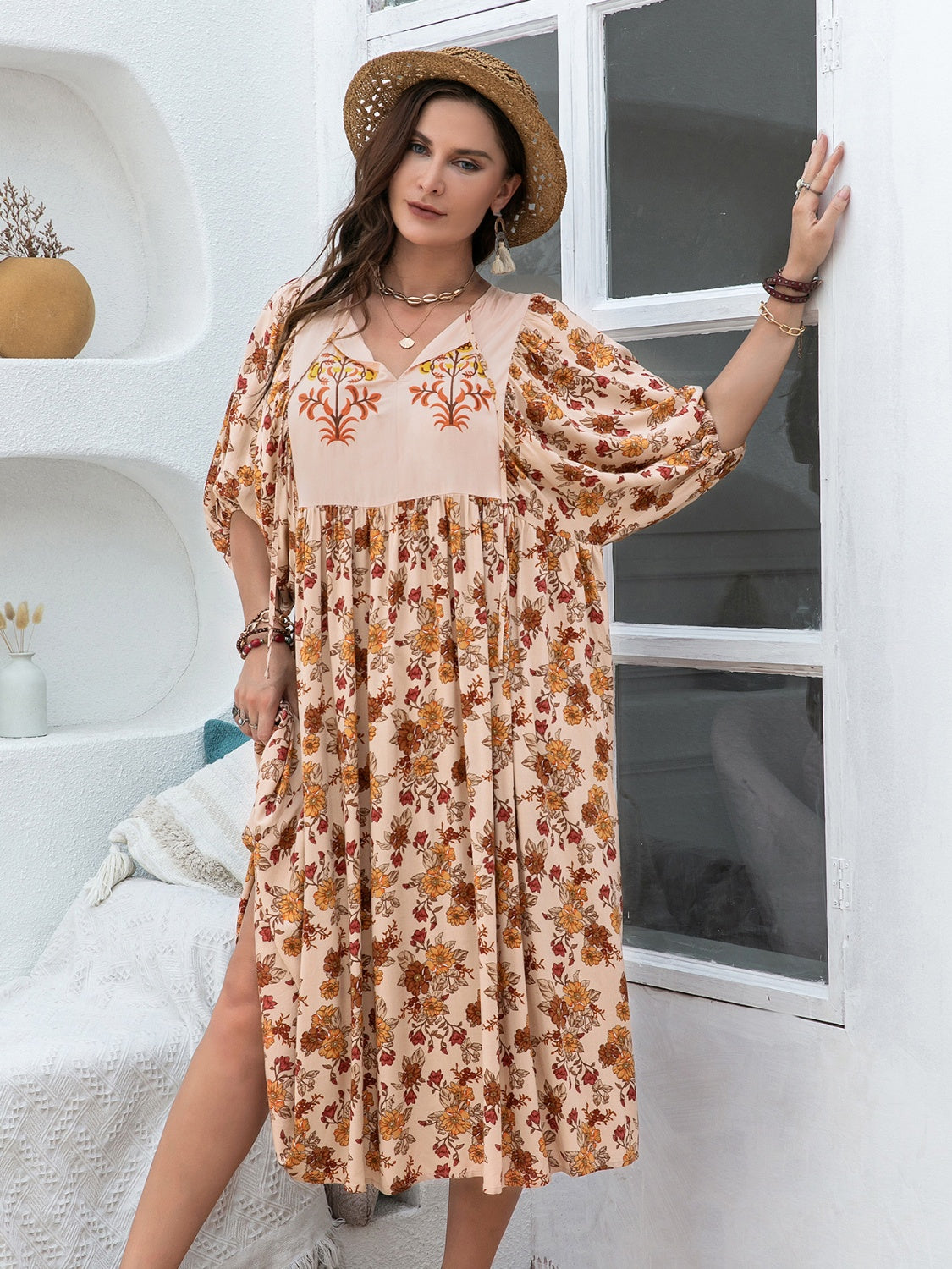 Plus Size Printed Tie Neck Half Sleeve Midi Dress - Charming Charlie