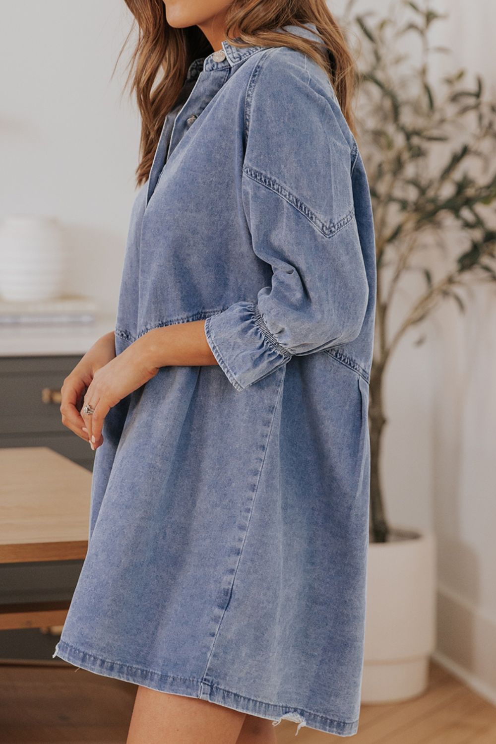Distressed Collared Neck Flounce Sleeve Denim Dress - Charming Charlie