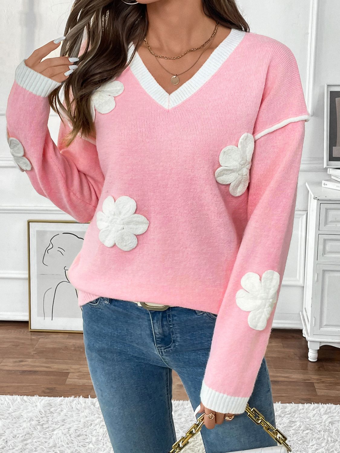 Perfee Flower V-Neck Long Sleeve Sweater - Charming Charlie