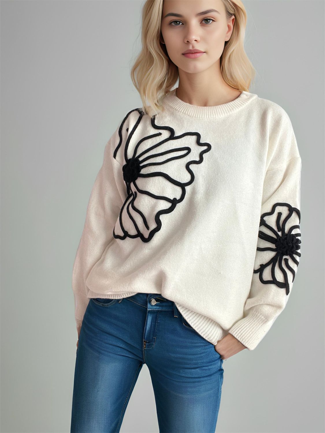 Flower Round Neck Long Sleeve Sweater - Charming Charlie
