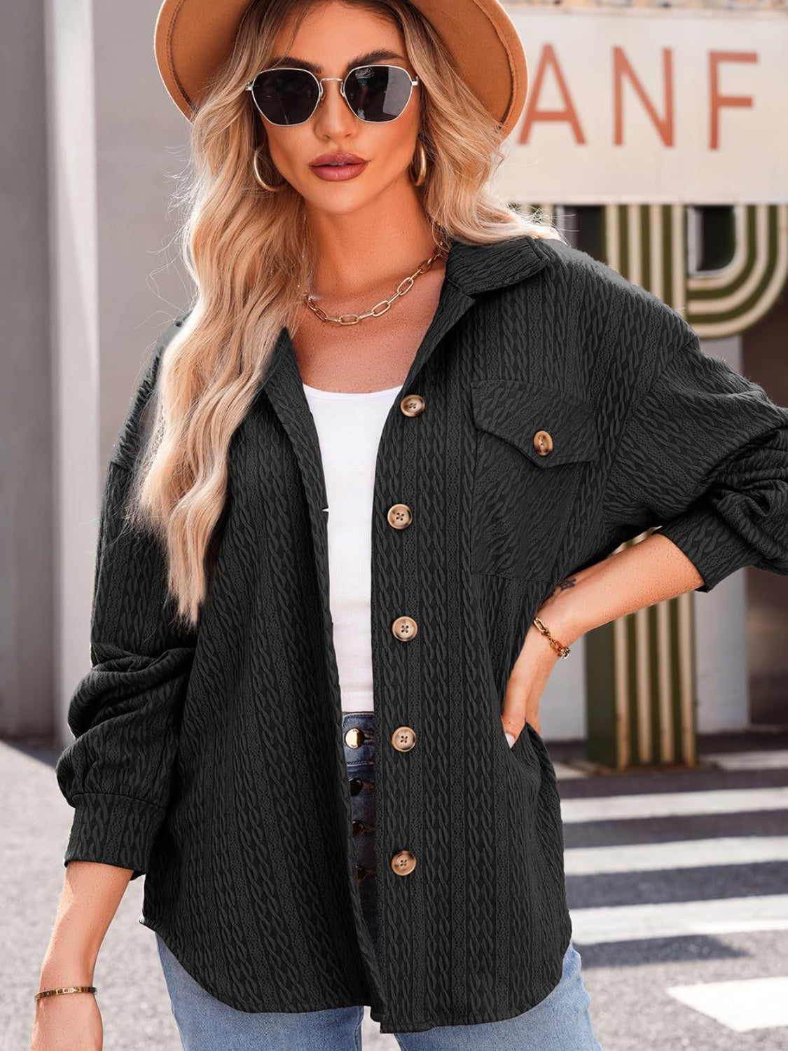 Textured Button Up Long Sleeve Shacket - Charming Charlie