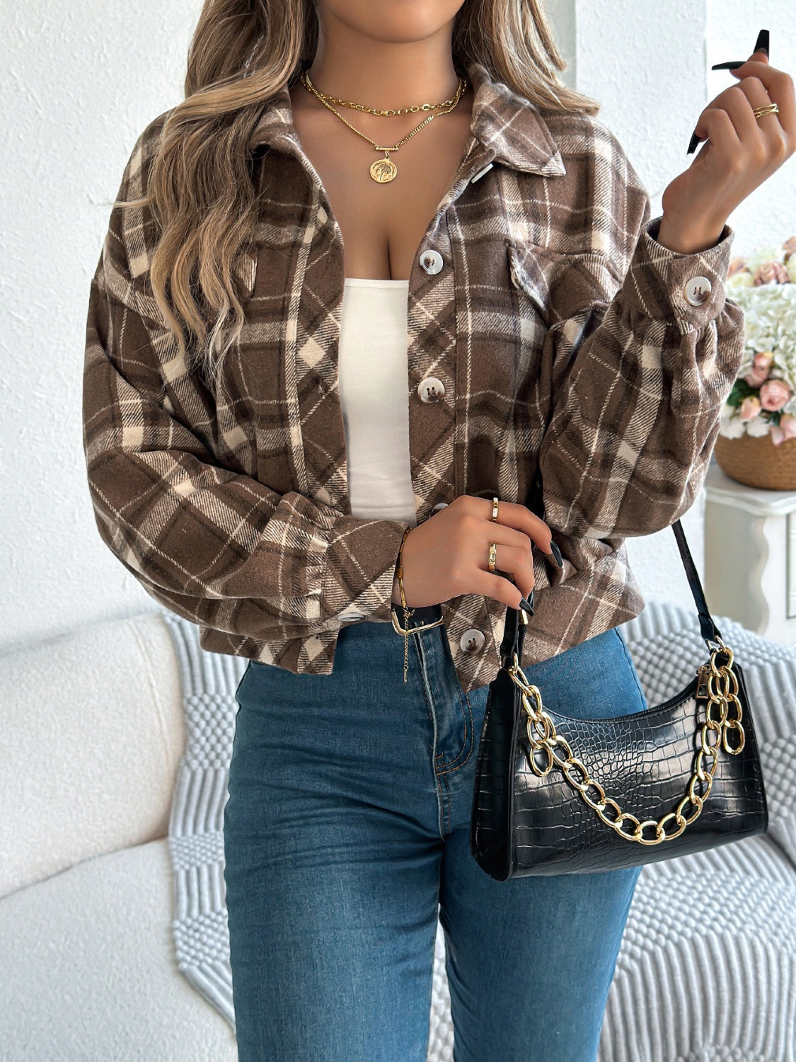Plaid Button Up Long Sleeve Jacket - Charming Charlie