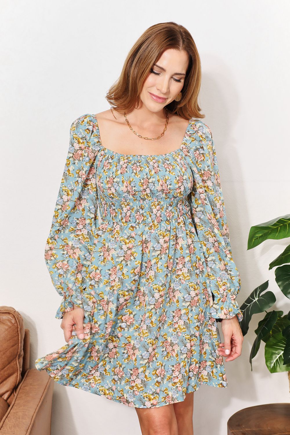 Honey Floral Smocked Flounce Sleeve Square Neck Dress - Charming Charlie
