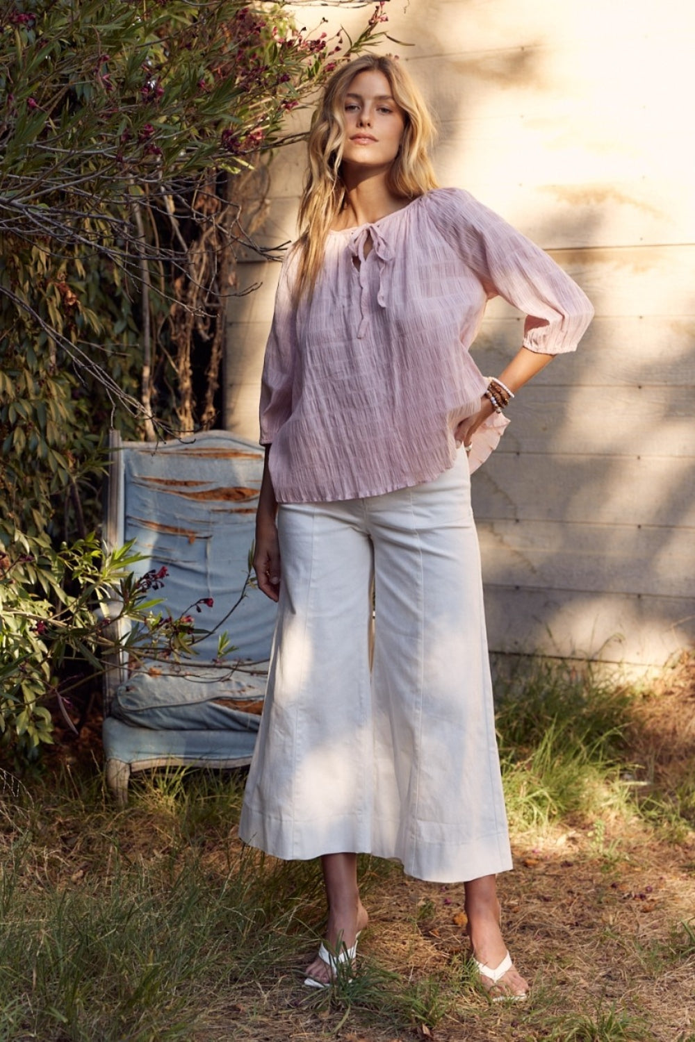 In February Textured Tie Neck Blouse - Charming Charlie