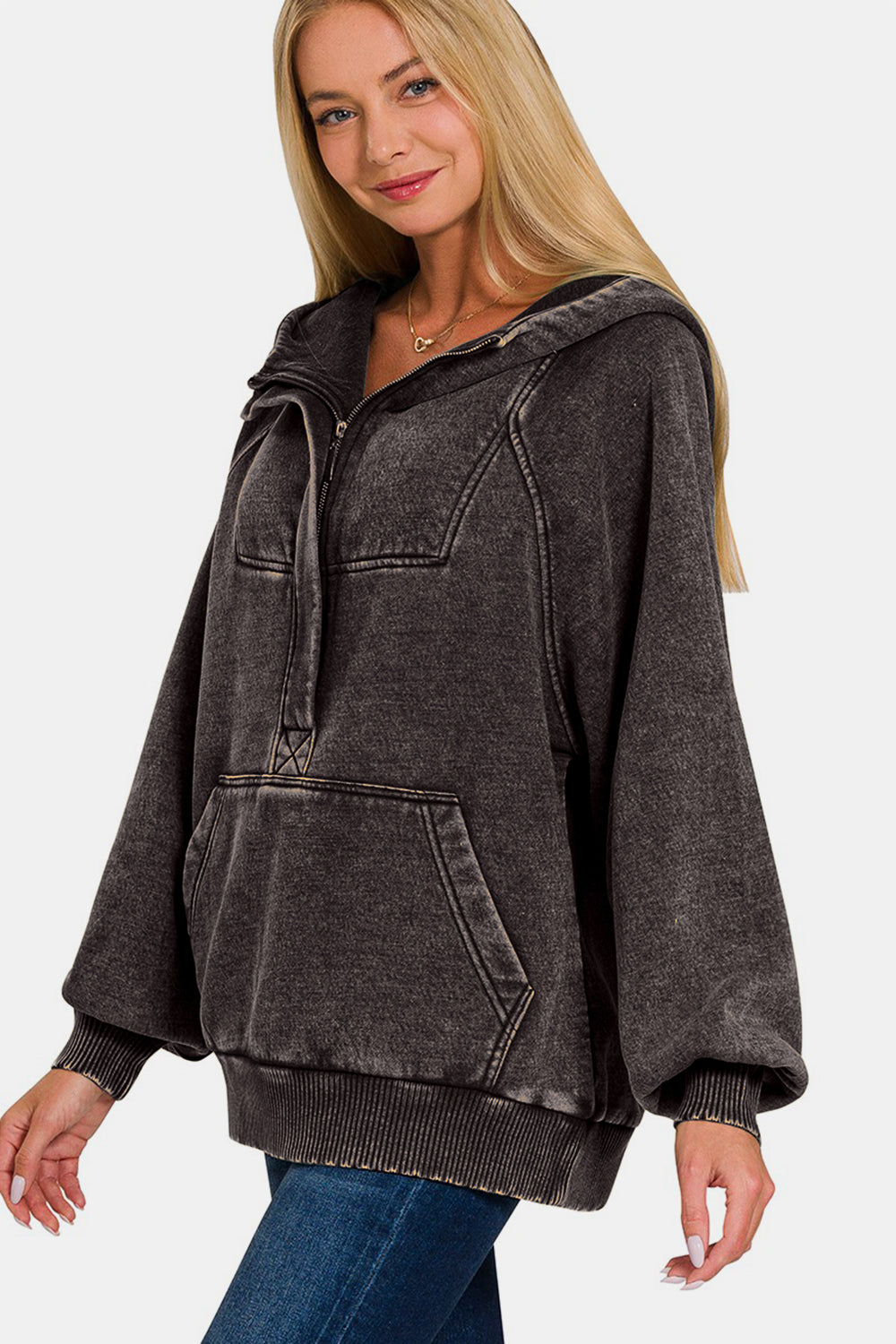 Zenana Acid Wash Fleece Kangaroo Hoodie - Charming Charlie