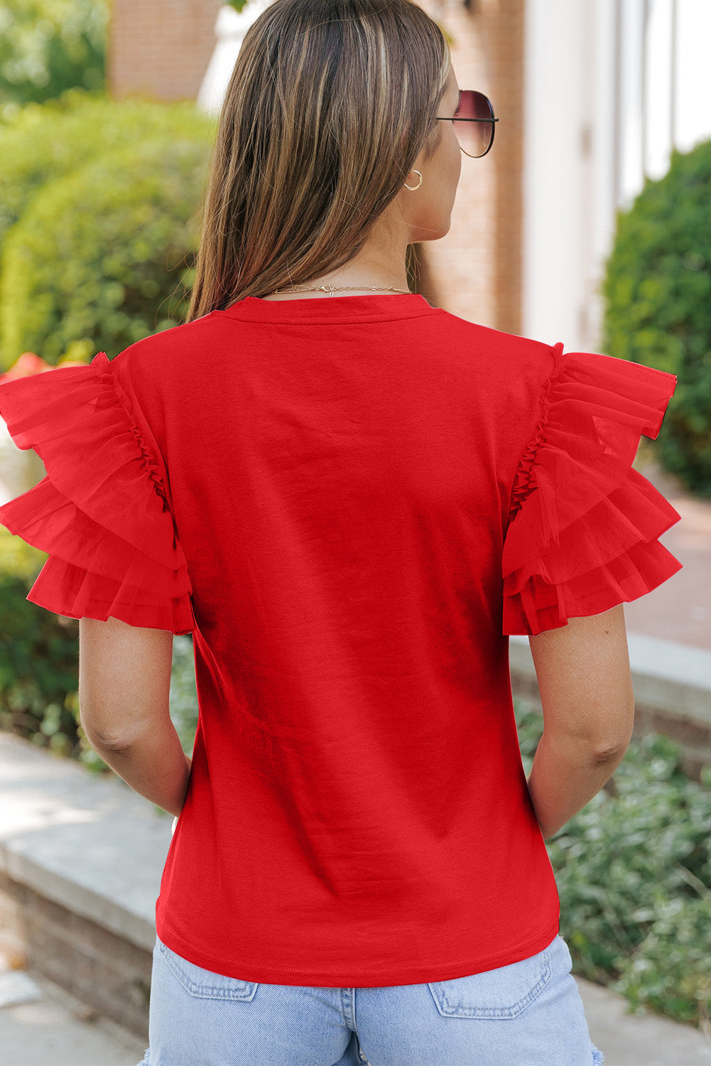 Ruffled Round Neck Short Sleeve Blouse - Charming Charlie