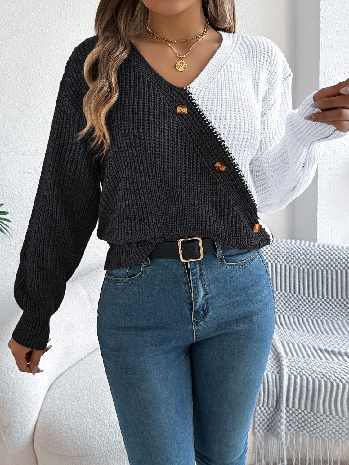 Two-Tone V-Neck Long Sleeve Sweater - Charming Charlie