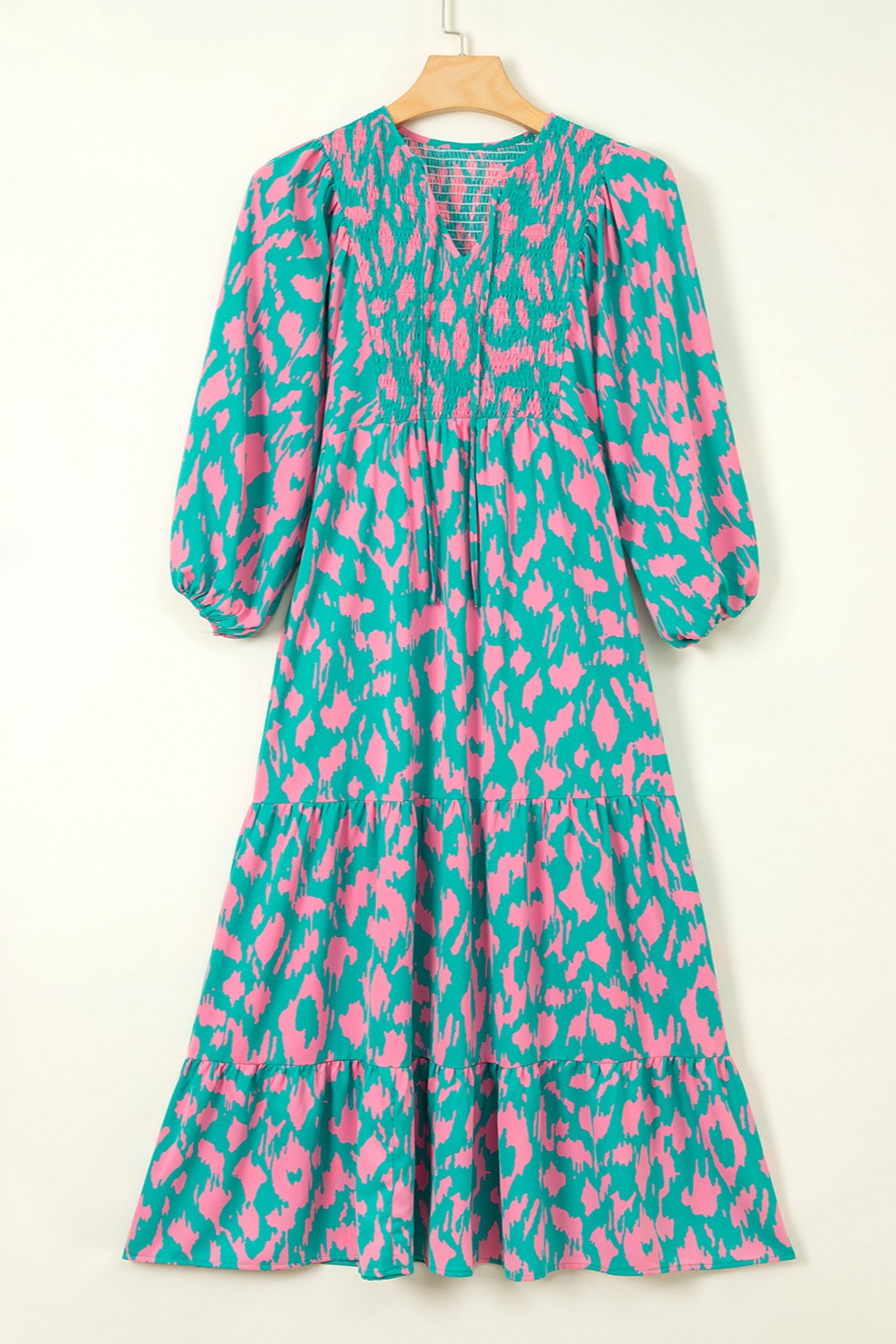 Smocked Printed Tie Neck Long Sleeve Dress - Charming Charlie