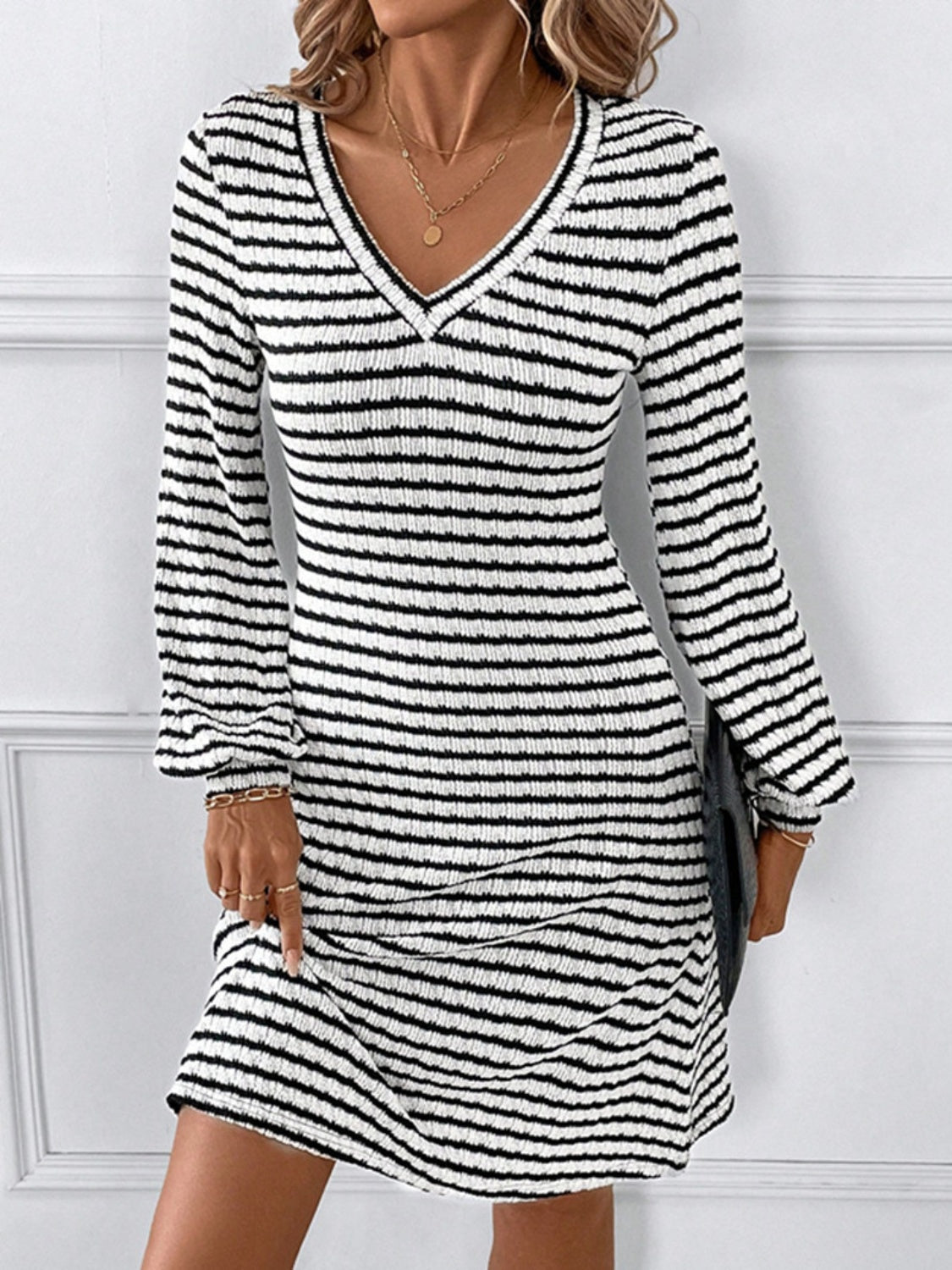 Striped V-Neck Long Sleeve Dress - Charming Charlie
