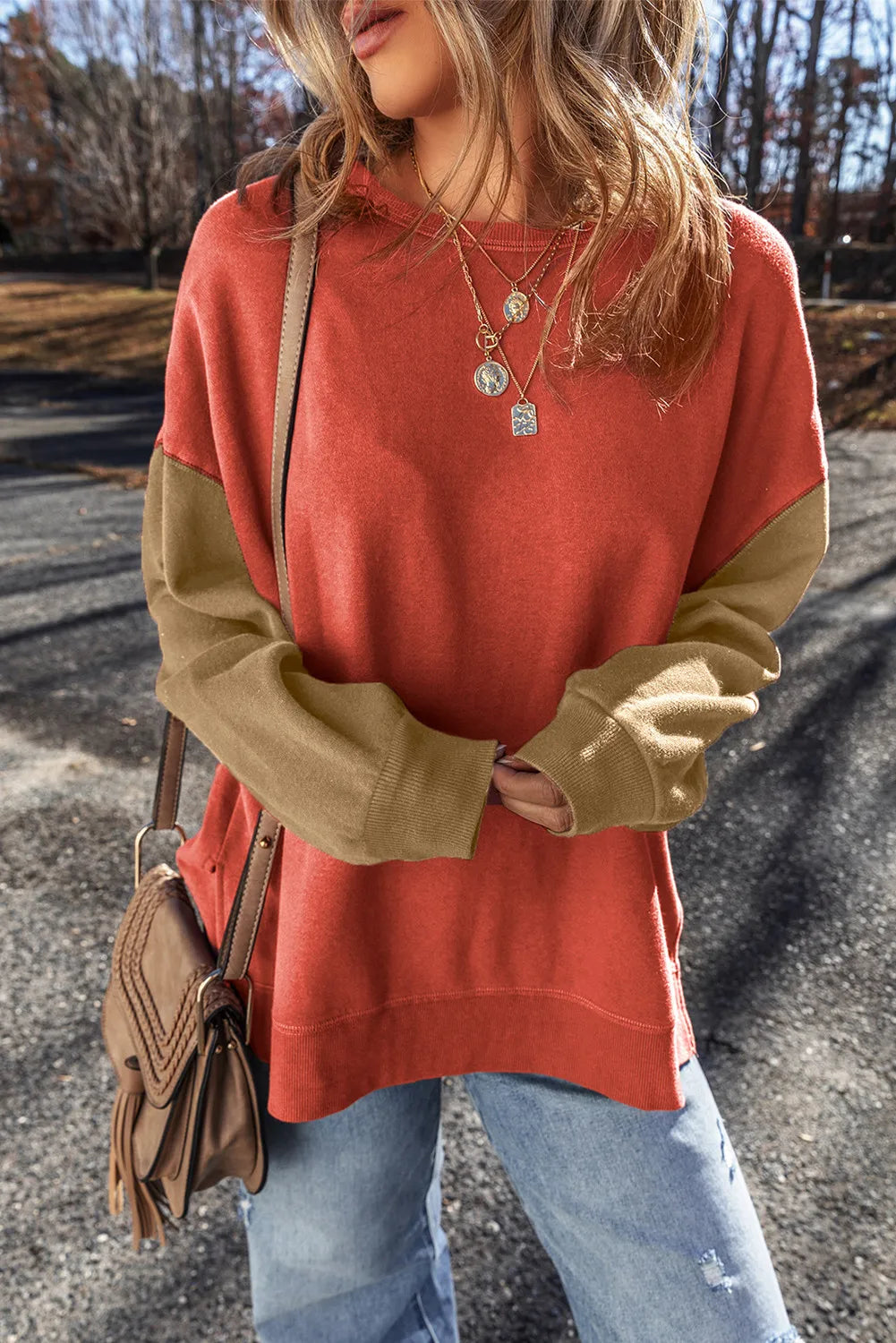 Contrast Round Neck Long Sleeve Sweatshirt - Charming Charlie