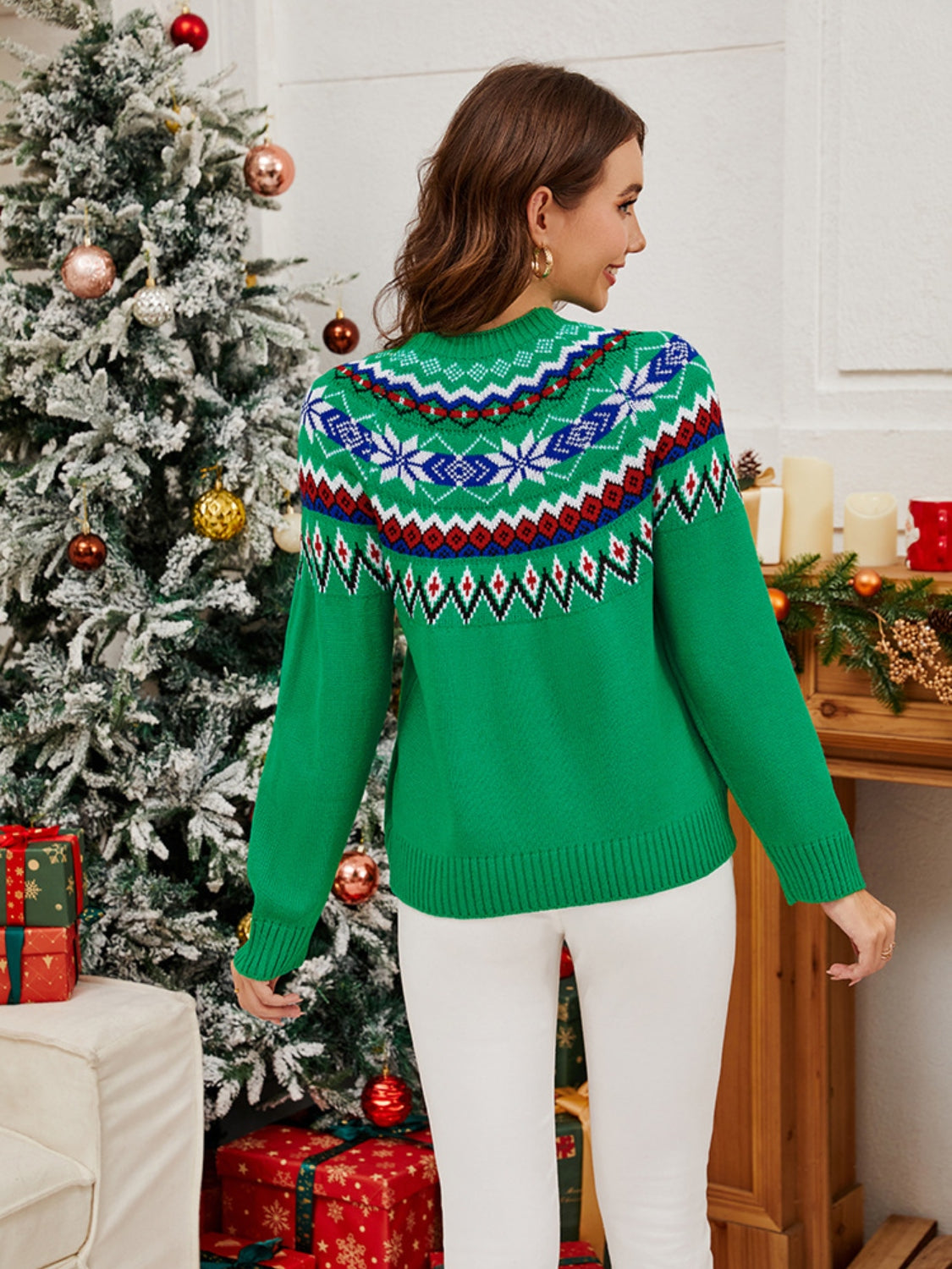 Geometric Round Neck Long Sleeve Sweater - Charming Charlie
