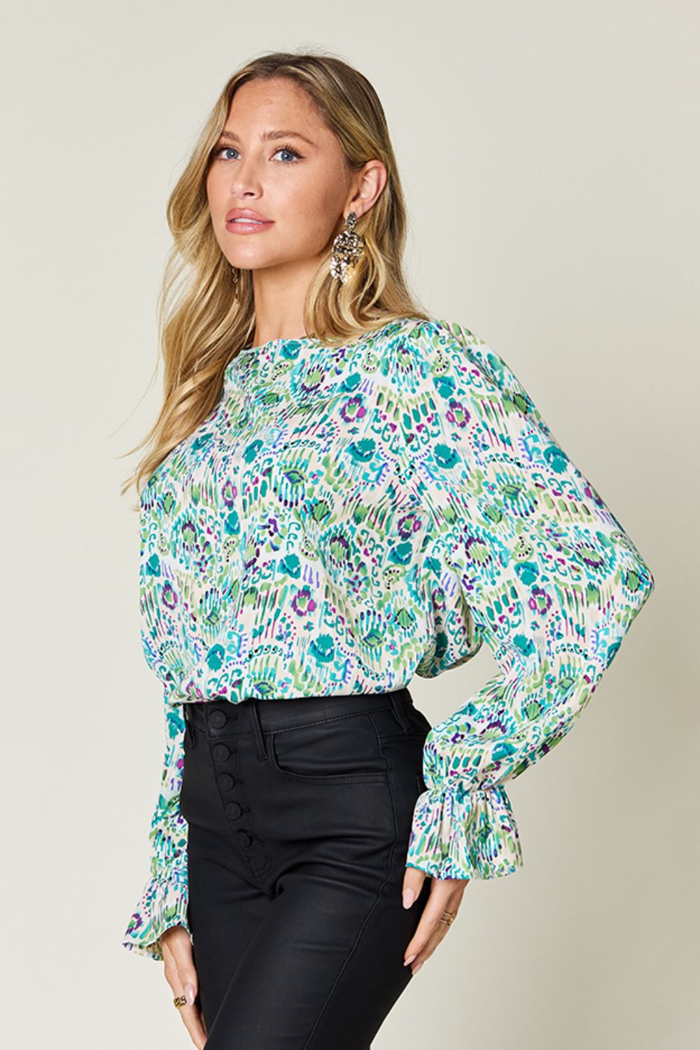 Double Take Full Size Printed Flounce Sleeve Blouse - Charming Charlie