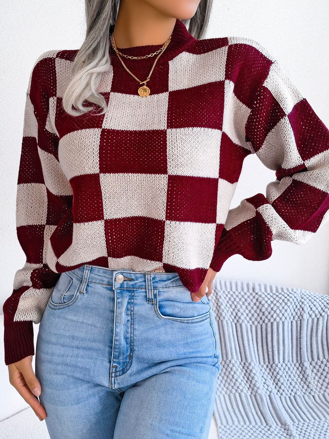 Checkered Mock Neck Long Sleeve Sweater - Charming Charlie