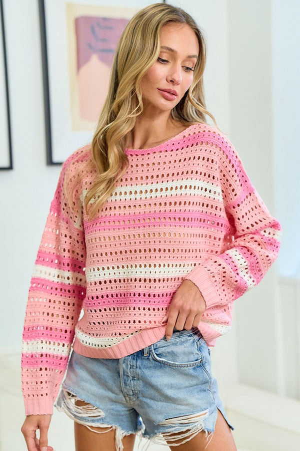 First Love Striped Long Sleeve Openwork Knit Top - Charming Charlie