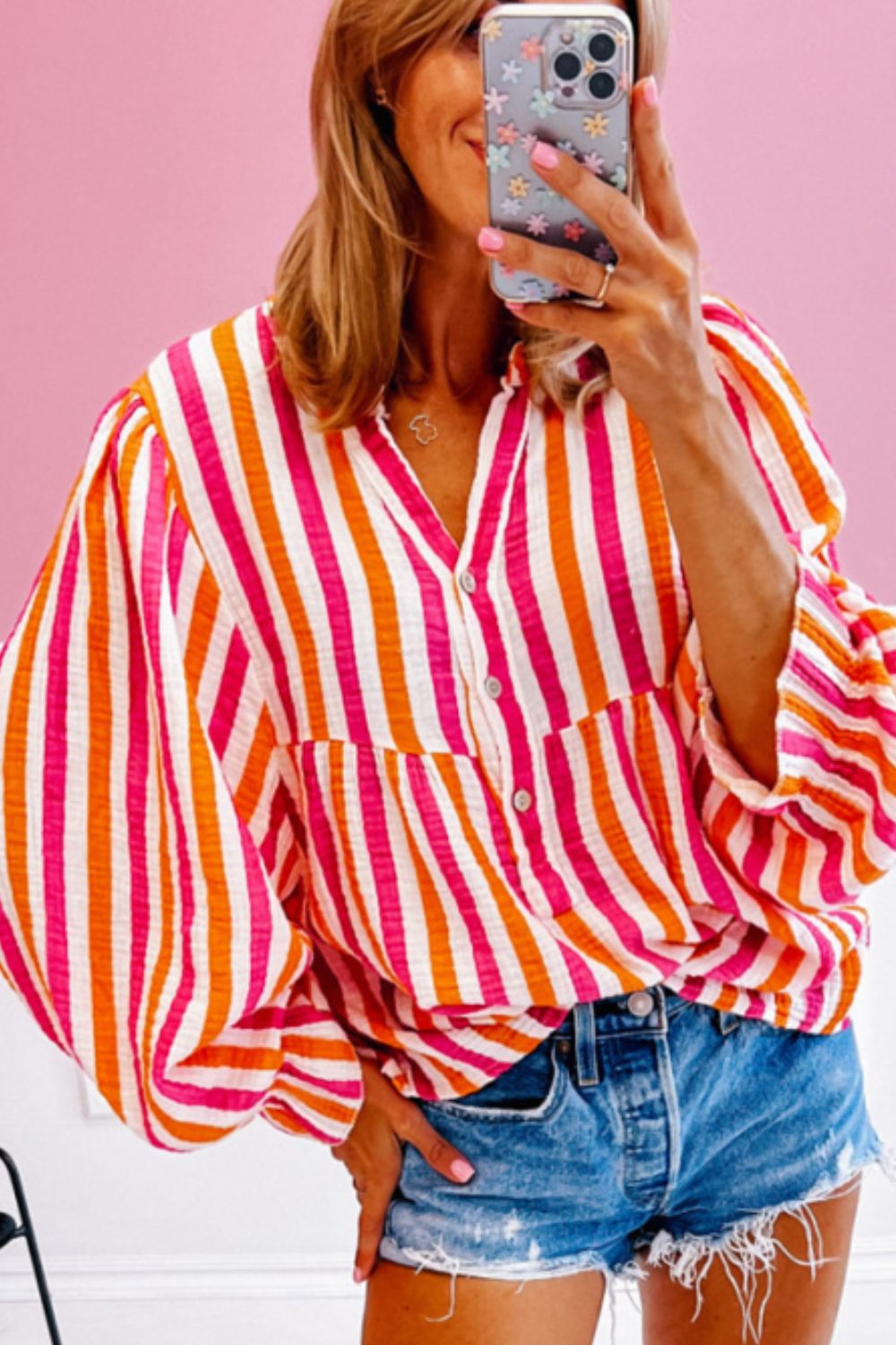 Striped Notched Flounce Sleeve Blouse - Charming Charlie