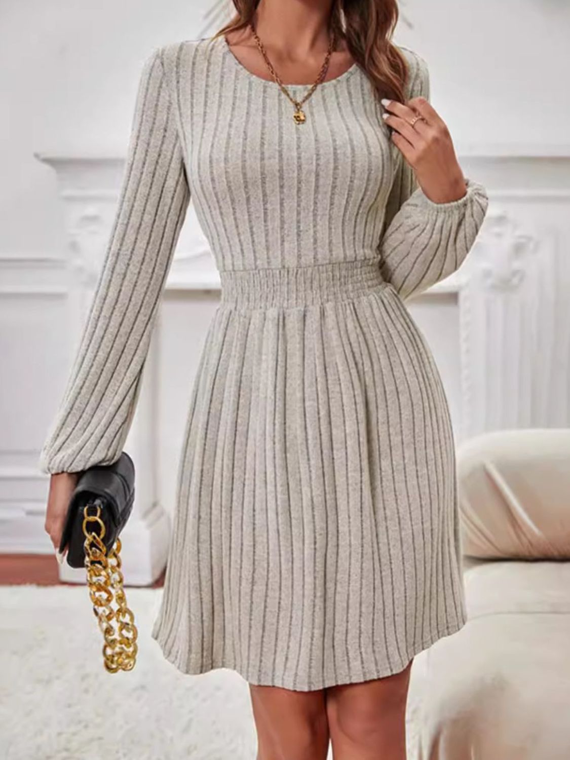 Smocked Round Neck Long Sleeve Knee Length Dress - Charming Charlie