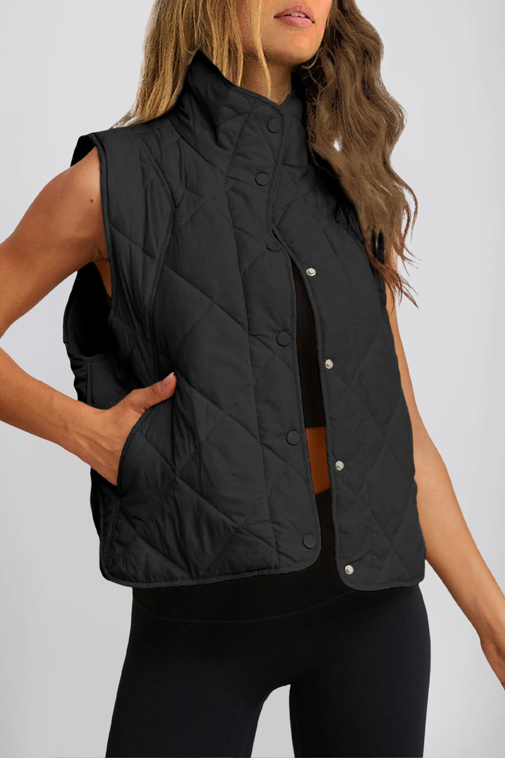 Snap Down Texture Vest Coat with Pockets - Charming Charlie