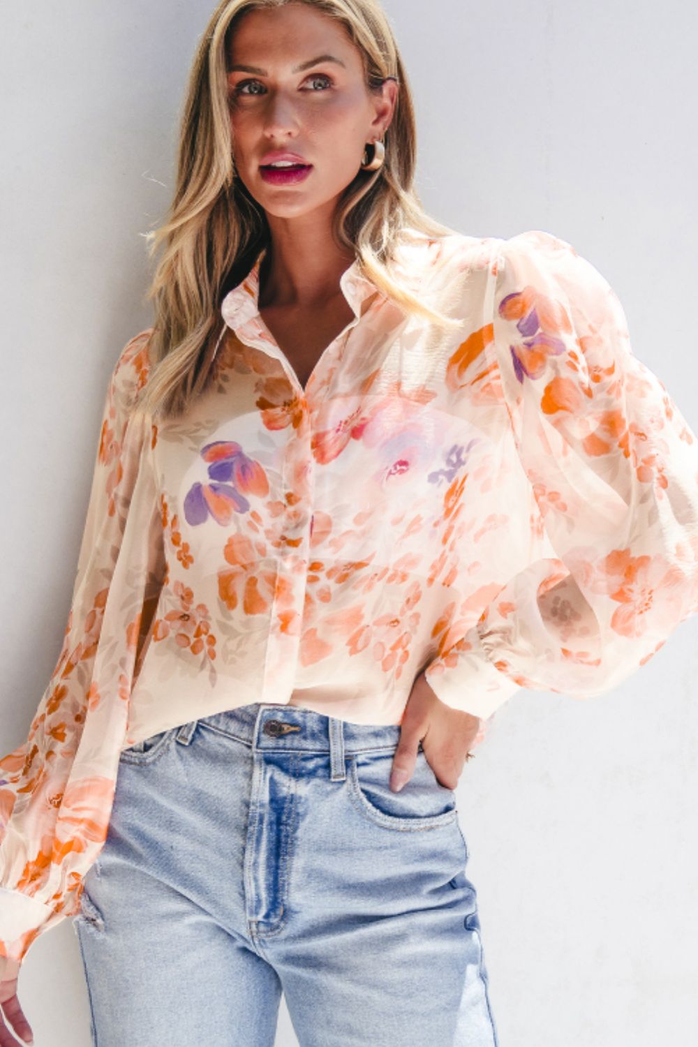 Printed Collared Neck Long Sleeve Shirt - Charming Charlie