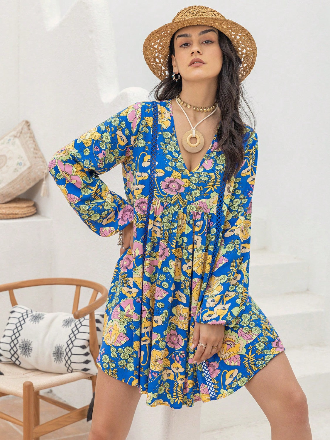 Printed V-Neck Balloon Sleeve Mini Dress - Charming Charlie