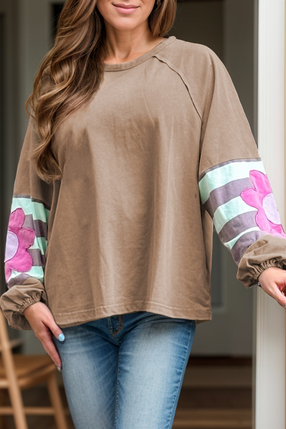 Plus Size Flower Round Neck Long Sleeve Blouse - Charming Charlie