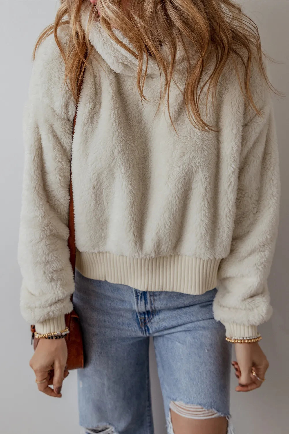 Fuzzy Dropped Shoulder Long Sleeve Hoodie - Charming Charlie
