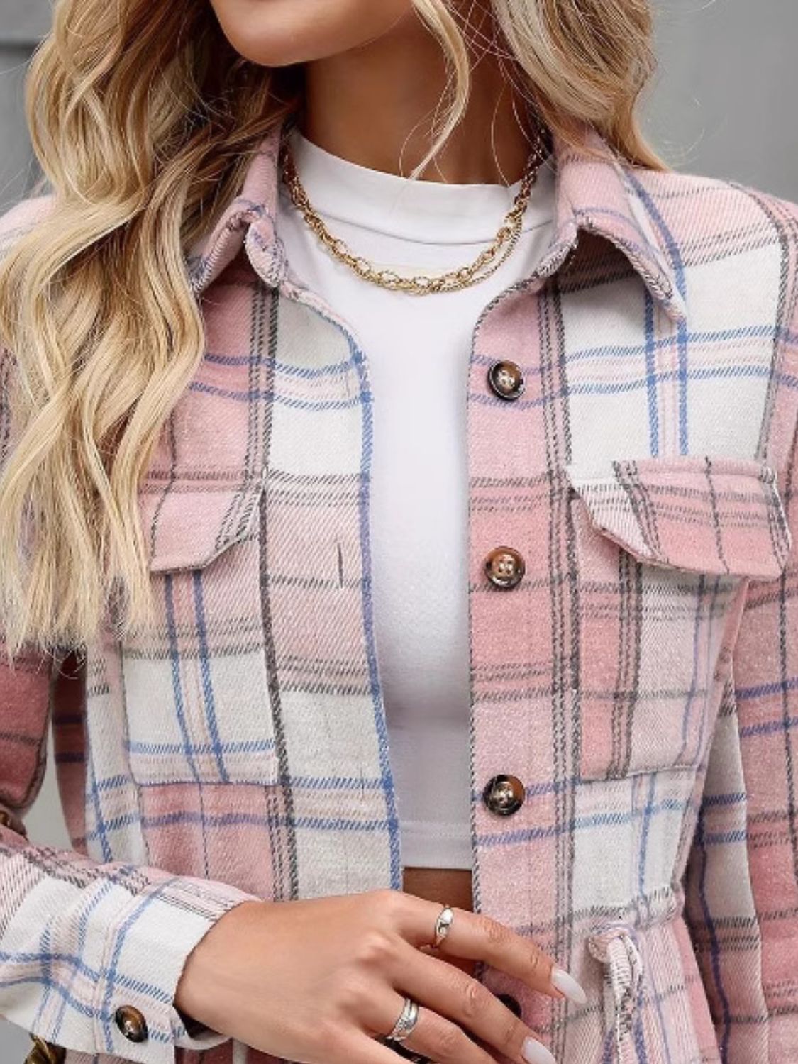 Drawstring Plaid Button Up Jacket with Chest Pockets - Charming Charlie