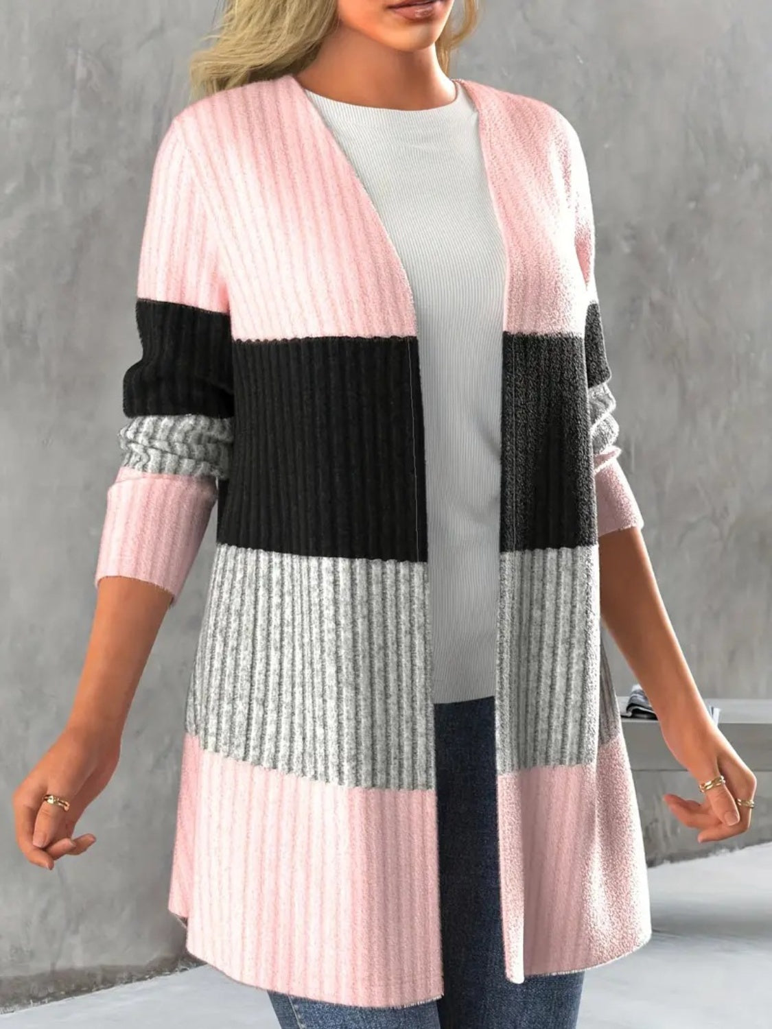 Color Block Open Front Long Sleeve Cardigan - Charming Charlie